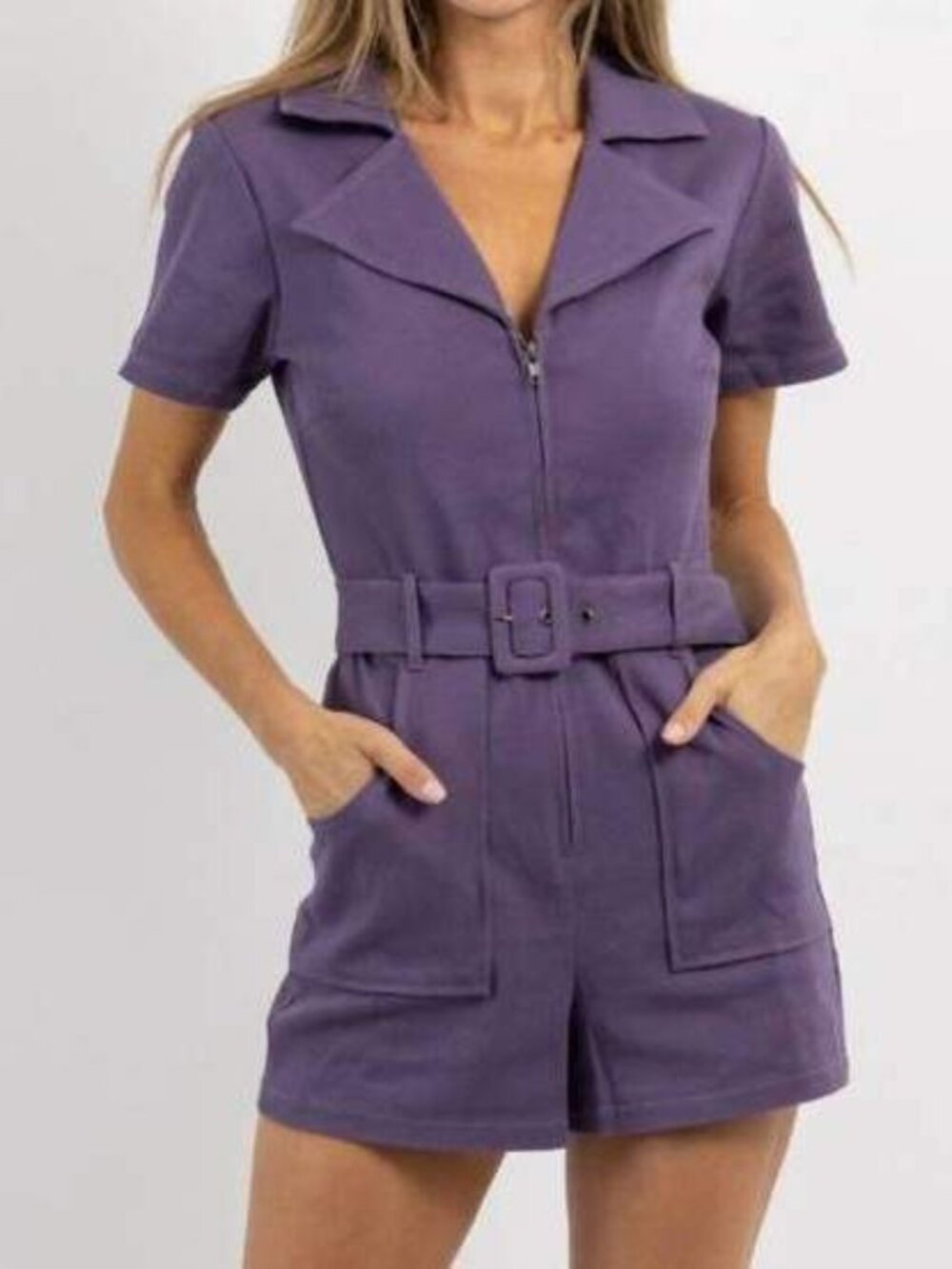 NWT Day + Moon Zip Up Belted Denim Romper S Purple 60s Retro Mod Stretch Cotton